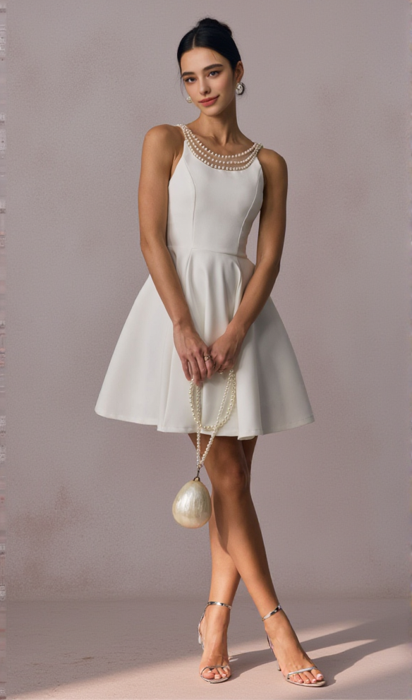 camille Open Back Pearl Embelished Mini Dress in white