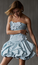 moira floral strapless Puffy mini dress in blue