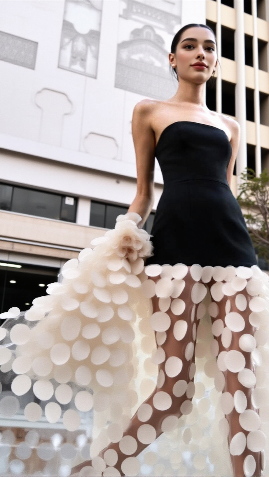 Trägerloses Maxikleid in A-Linie Schwarz Elfenbein