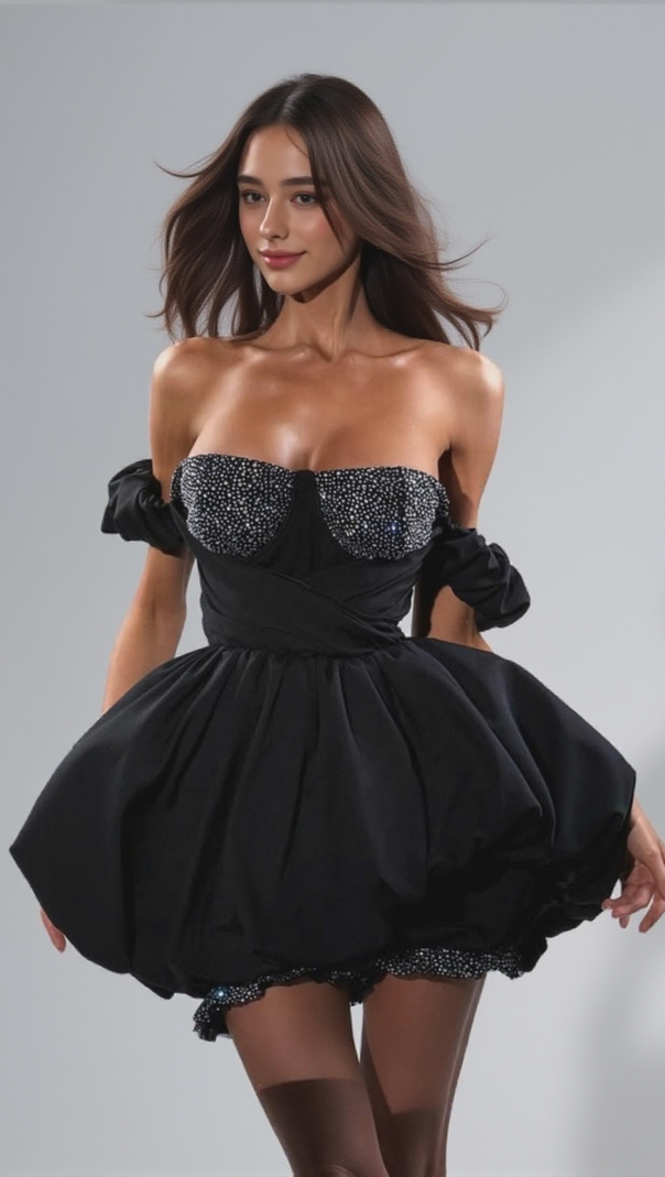 AIIZIE DELISE BLACK OFF-SHOULDER DIAMOND MINI DRESS - product image