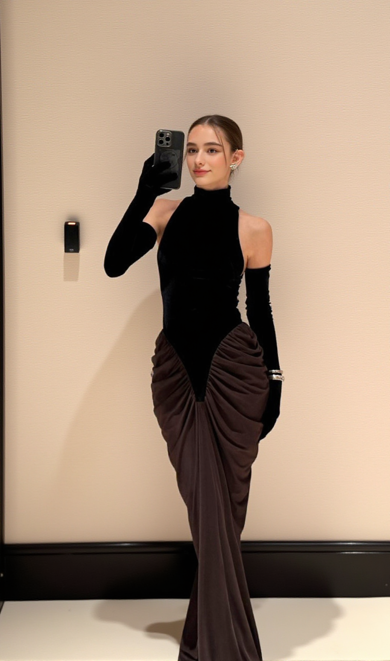 velvet mesh patchwork maxi dress in black