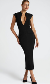 nellie v-neck bodycon midi dress in black