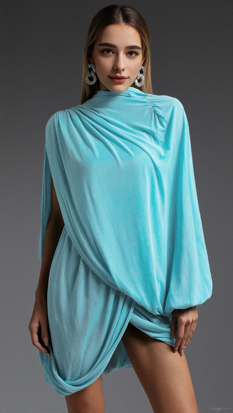 SUSANNA LONG SLEEVE FOLD SPLICE MINI DRESS IN BLUE