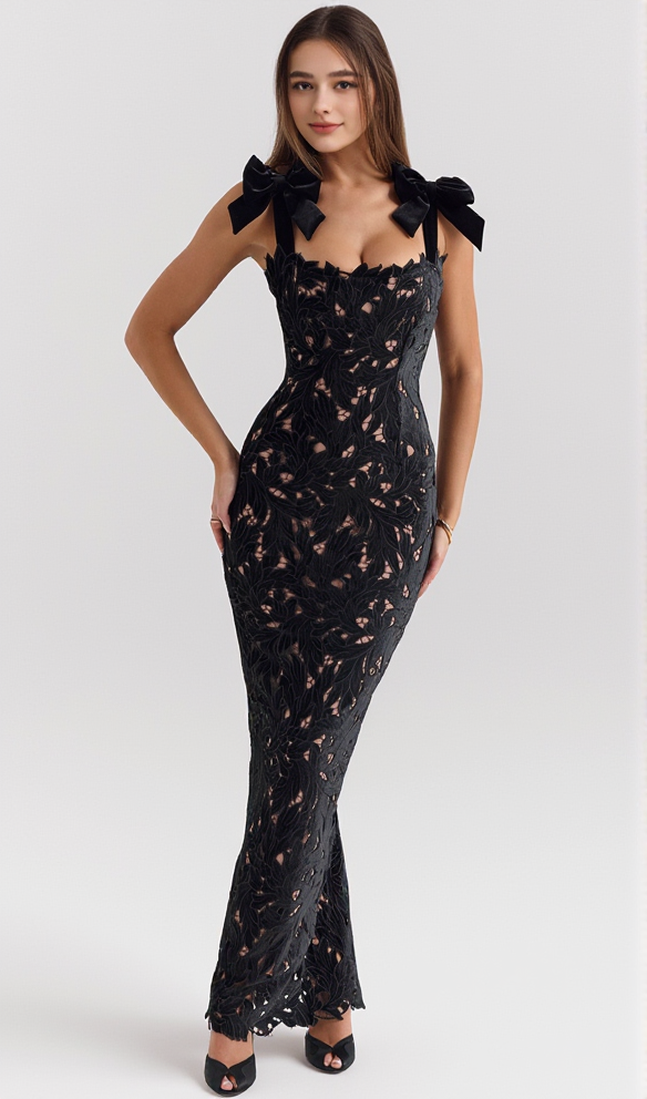 hermosa Bow Strap Embroidered Lace Maxi Dress in black