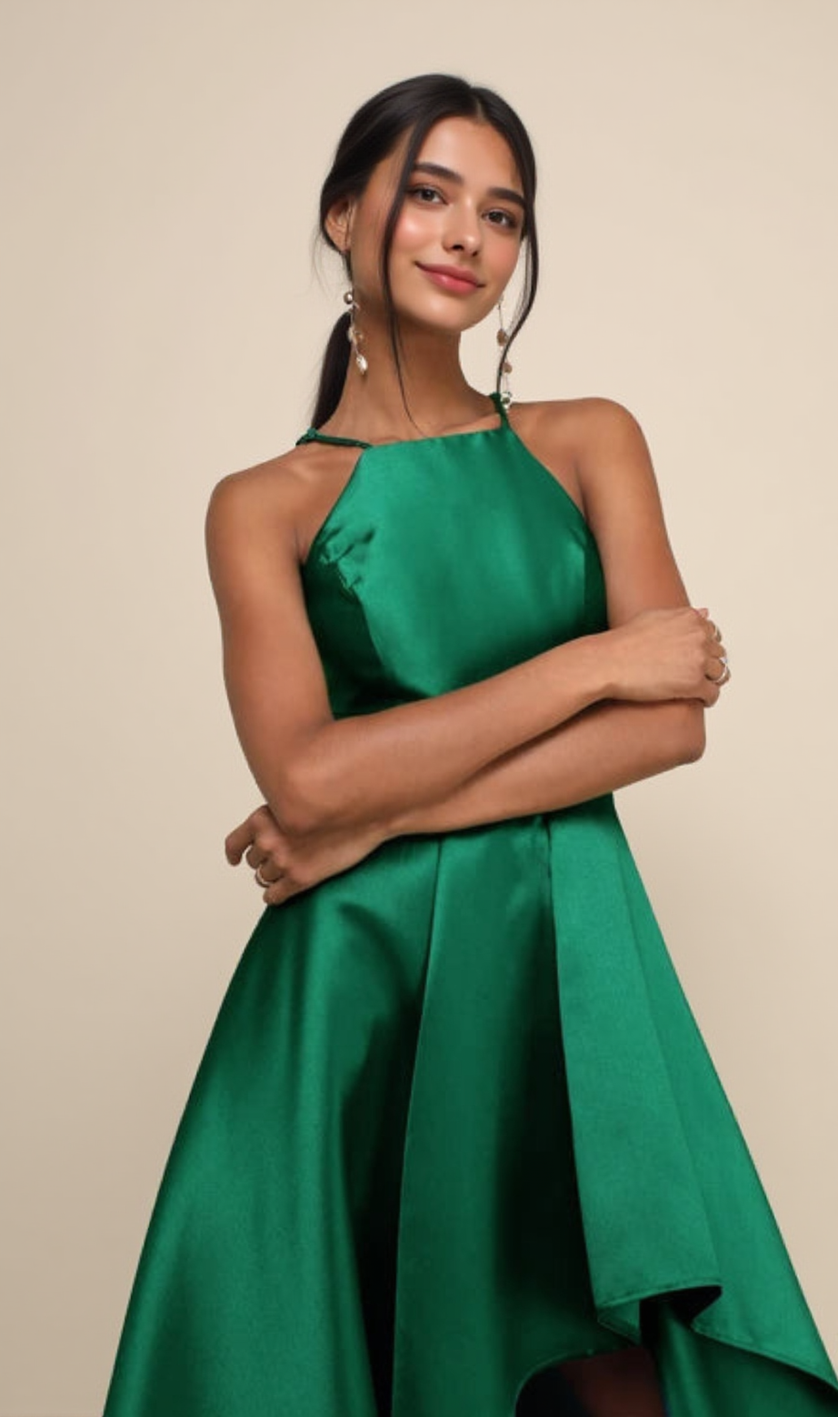 Smaragdgrünes High-Low-Kleid für Broadway-Shows 