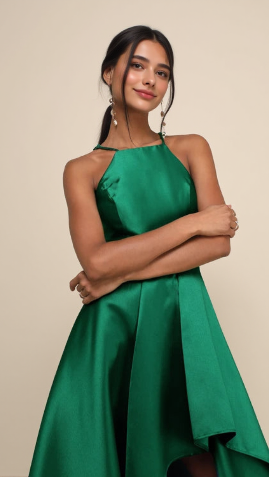 Smaragdgrünes High-Low-Kleid für Broadway-Shows 