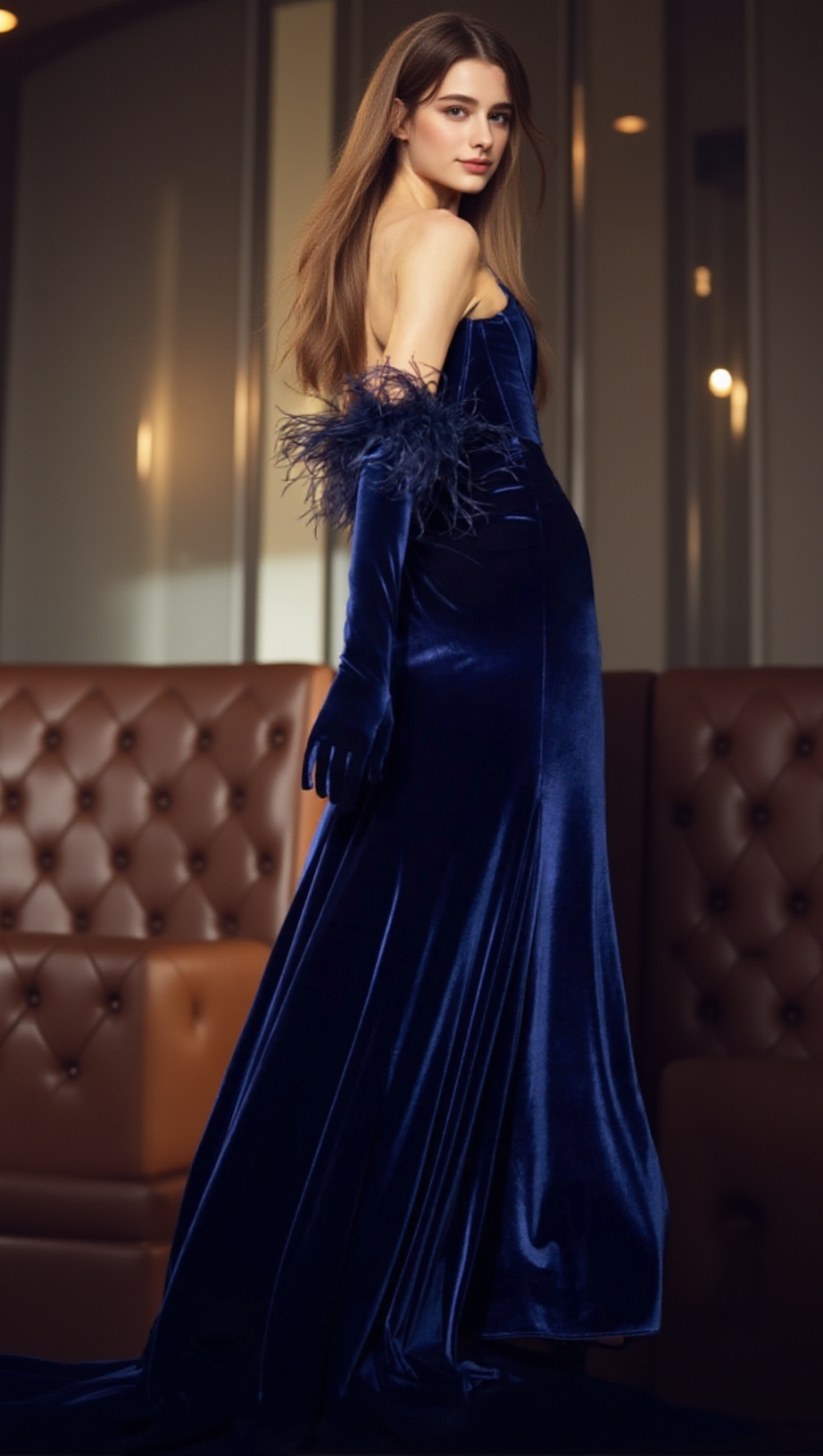 RAE VELVET SLIT STRAPLESS MAXI DRESS IN DARK BLUE