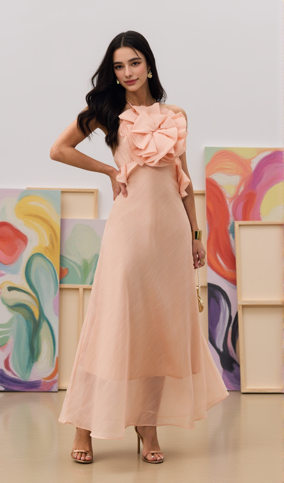 aurora Halter Neck Ruffle Maxi Dress in pink