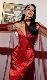 Strapless High Slit Gown With Gloves
