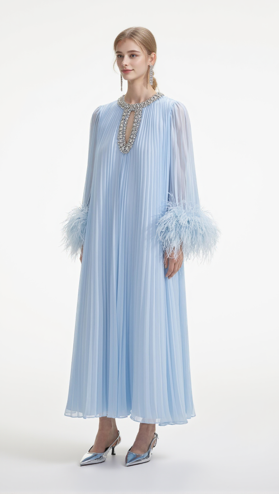 MANJA DIAMANTE CHIFFON FEATHER MAXI DRESS - BLUE
