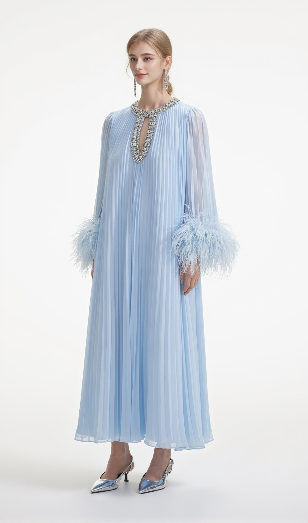 MANJA DIAMANTE CHIFFON FEATHER MAXI DRESS - BLUE