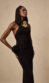 tammy Metal 3D Flower Hooded Midi Dress in black