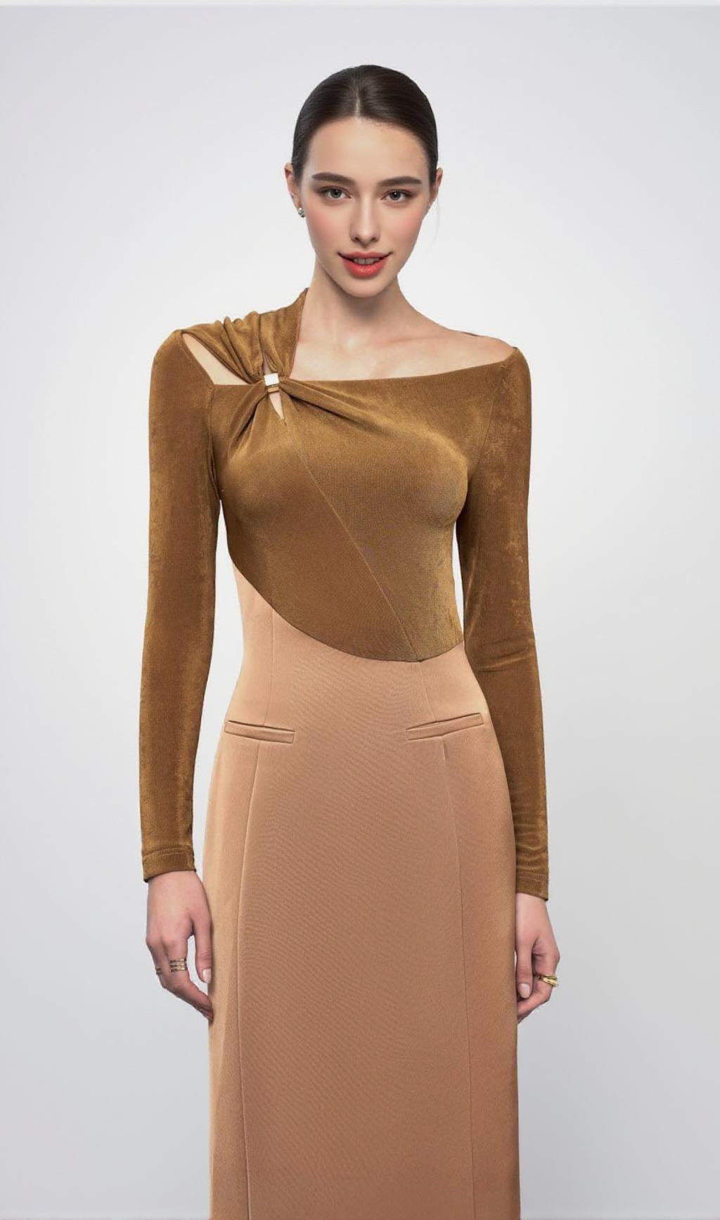 ELEANOR SHEATH ASYMMETRIC NECK TAFFETA MIDI DRESS IN BROWN