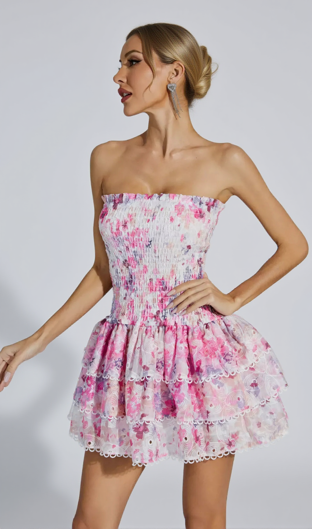 PINK FLORAL RUCHED STRAPLESS MINI DRESS