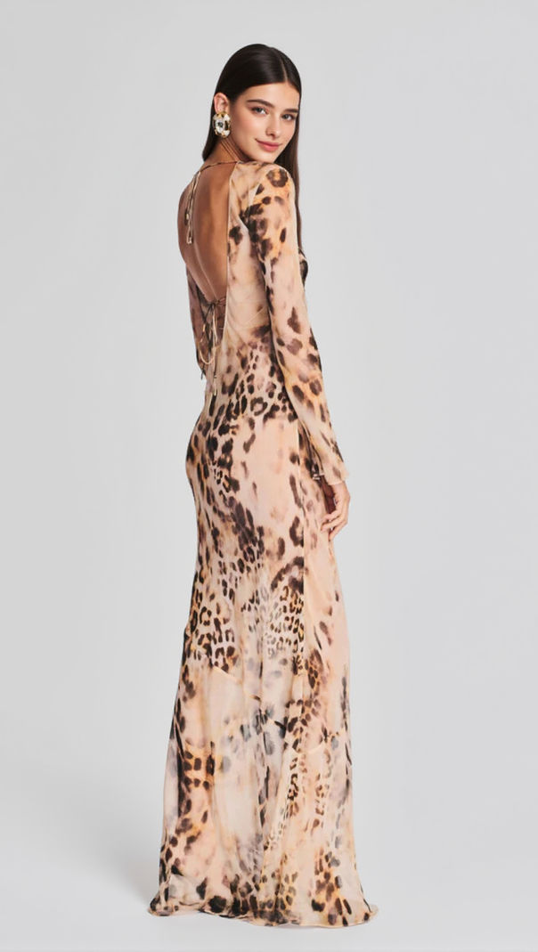 AIIZIE WINNI LEOPARD BACKLESS SILK MAXI DRESS - product image