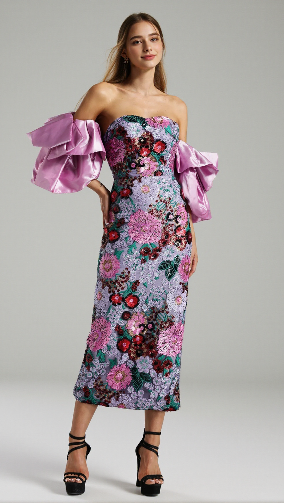 ANGELA MULTICOLOR FLOWER SEQUINS RUFFLED SHOULDER MIDI DRESS
