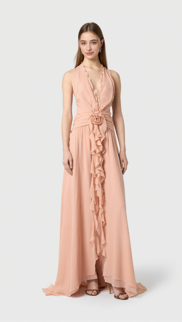 AIIZIE AONAVER FLORAL RUFFLE HALTER MAXI DRESS IN PINK - product image