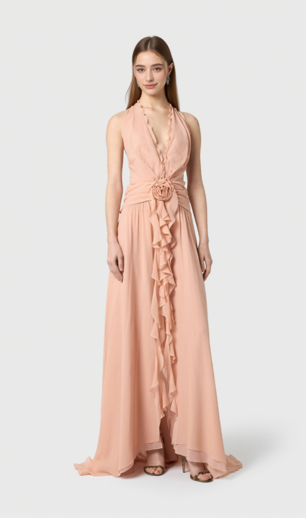 AONAVER FLORAL RUFFLE HALTER MAXI DRESS IN PINK