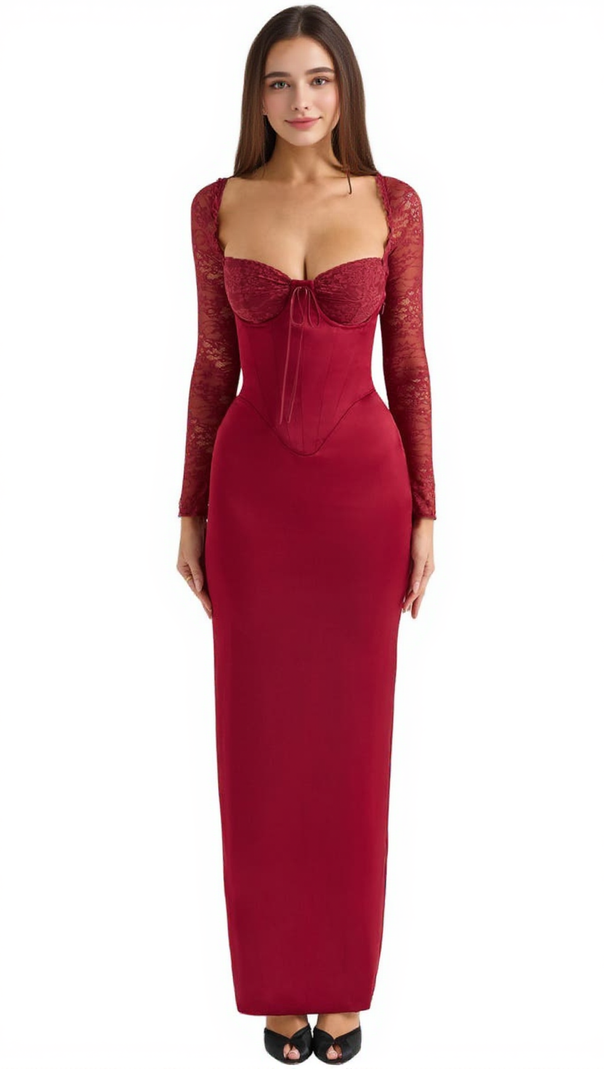 AIIZIE BURGUNDY SATIN MAXI DRESS WITH CORSET - product image