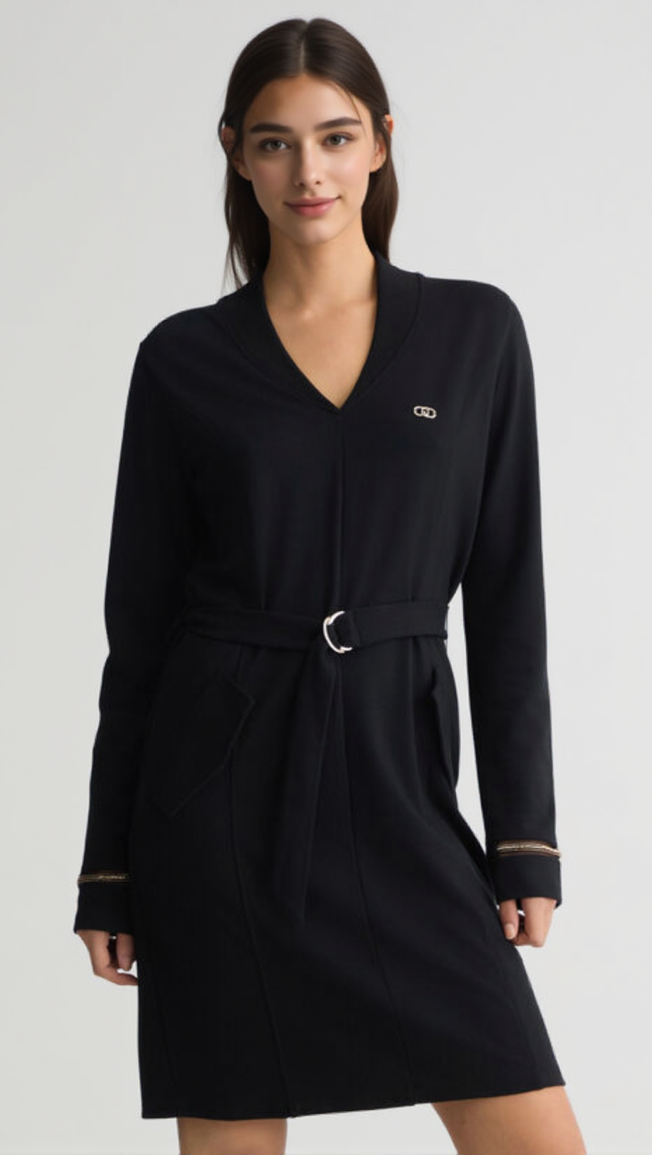 Geripptes Minikleid mit V-Ausschnitt in Schwarz