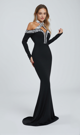 Halter Pearl Crystal-Trim Maxi Dress