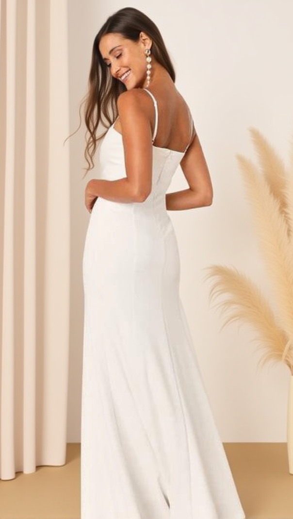 AIIZIE RADIANT PROMISE WHITE SATIN TWIST-FRONT MERMAID MAXI DRESS - product image