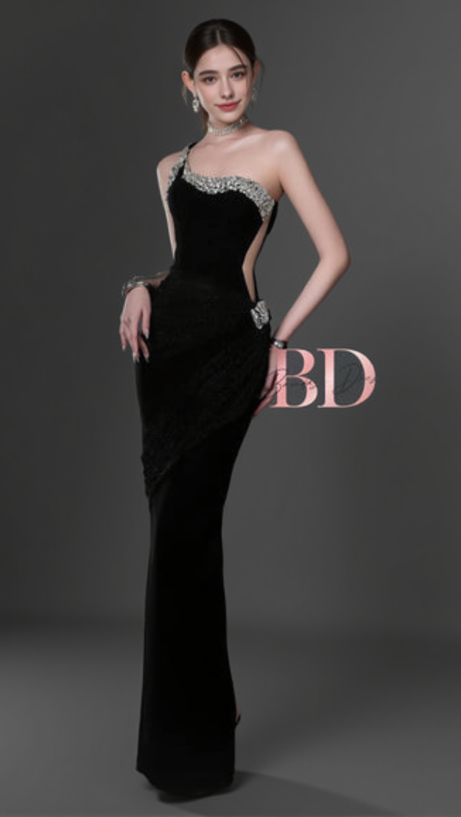 BLACK ONE-SHOULDER DIAMONDS BANDAGE MAXI DRESS