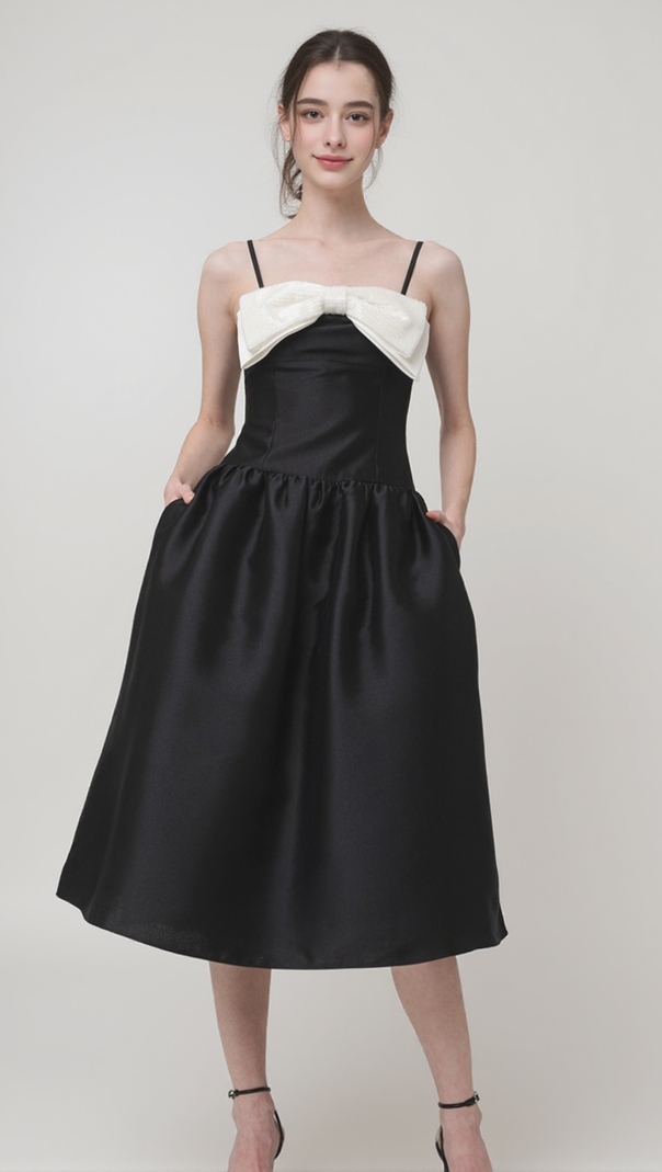 AIIZIE BOW-DETAIL TAFFETA MIDI DRESS IN BLACK - product image
