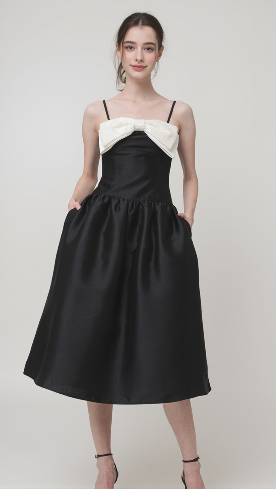 BOW-DETAIL TAFFETA MIDI DRESS IN BLACK