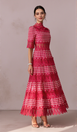simona Embroidered Lace Midi Dress in red