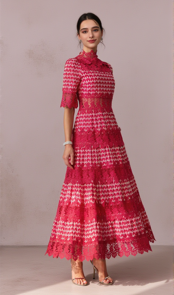 simona Embroidered Lace Midi Dress in red