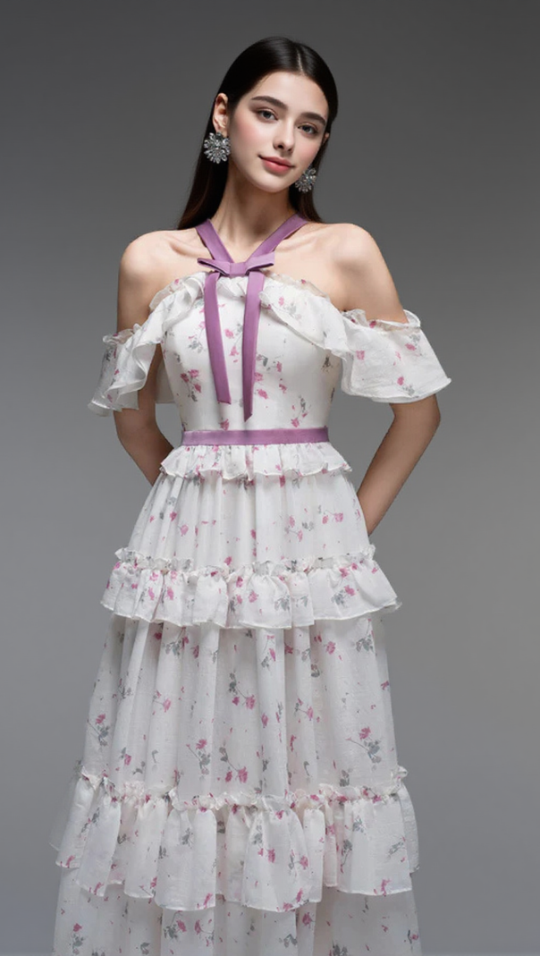 AIIZIE FLORAL PRINT BOW COLLAR RUFFLE FLARED MAXI DRESS - product image