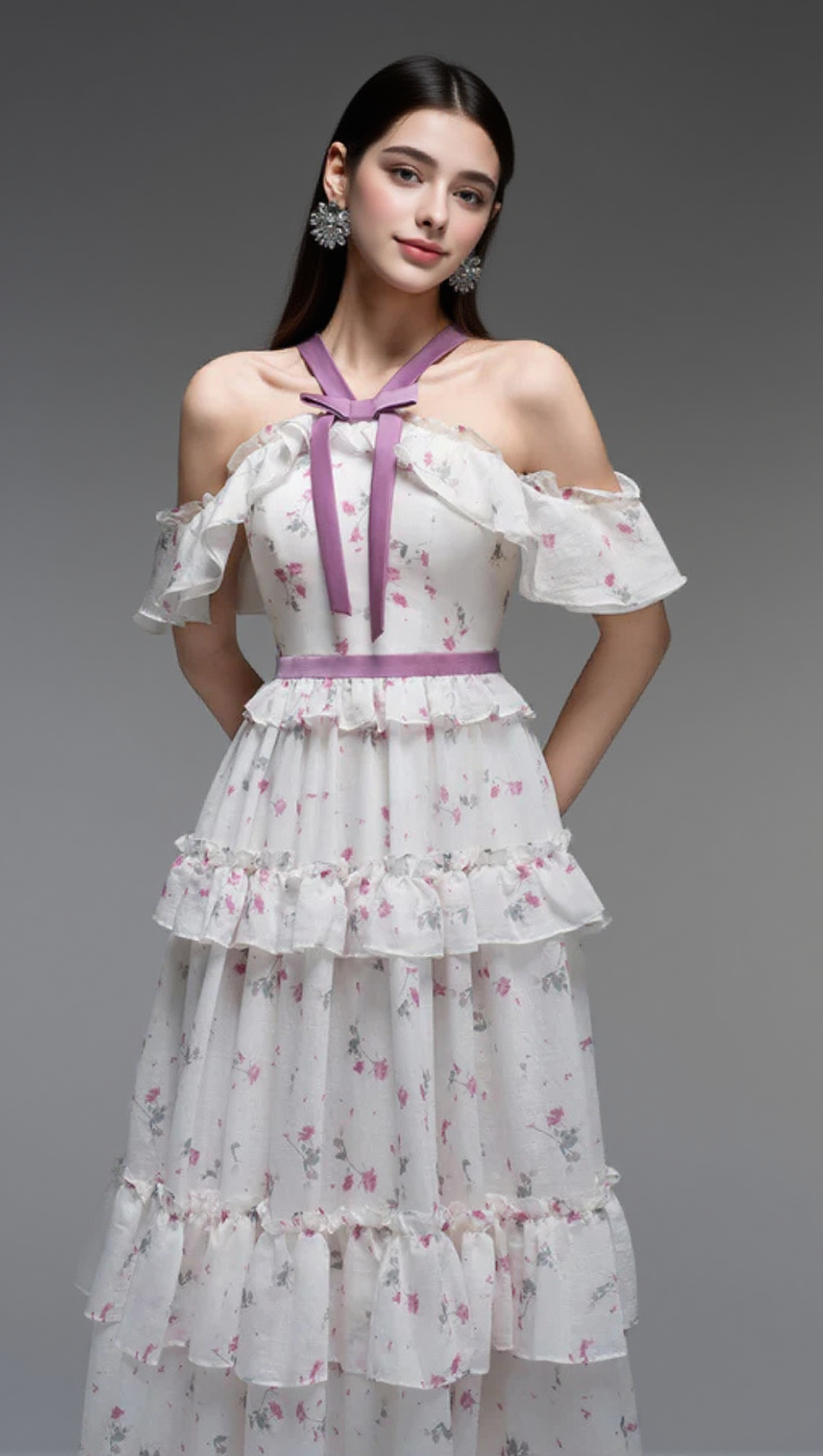 FLORAL PRINT BOW COLLAR RUFFLE FLARED MAXI DRESS