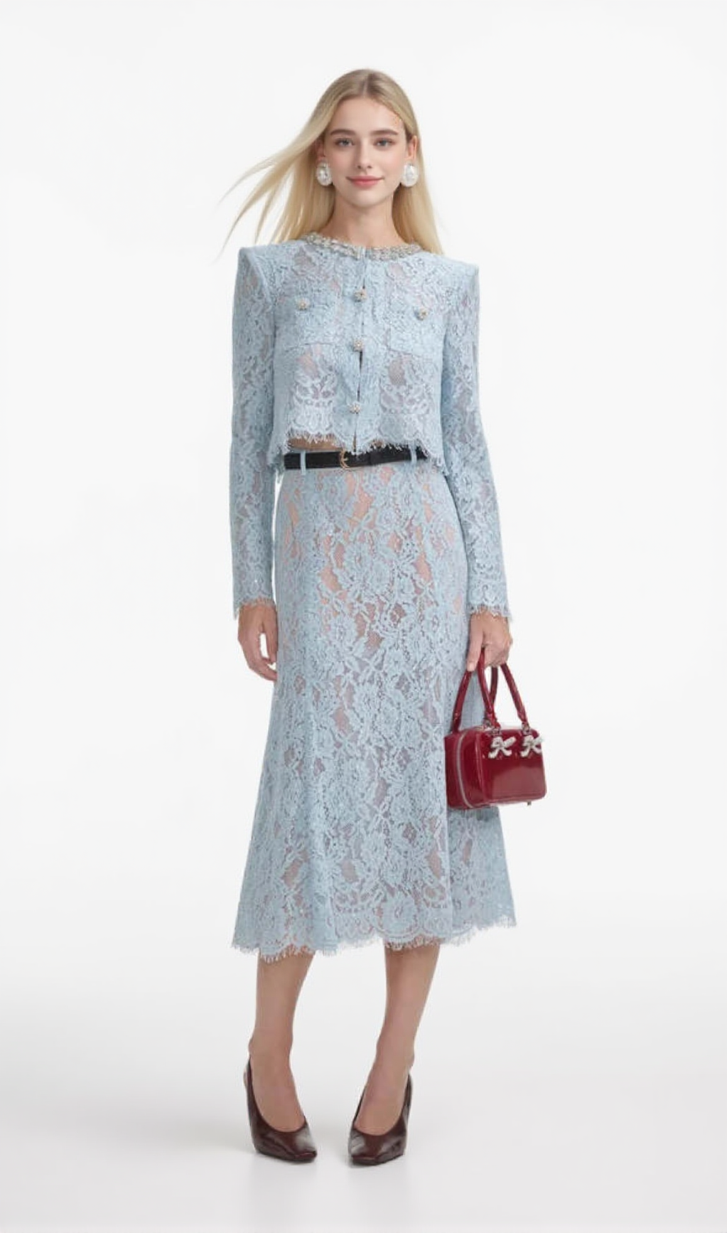 CAROL LACE FLARED MIDI SKIRT IN BLUE