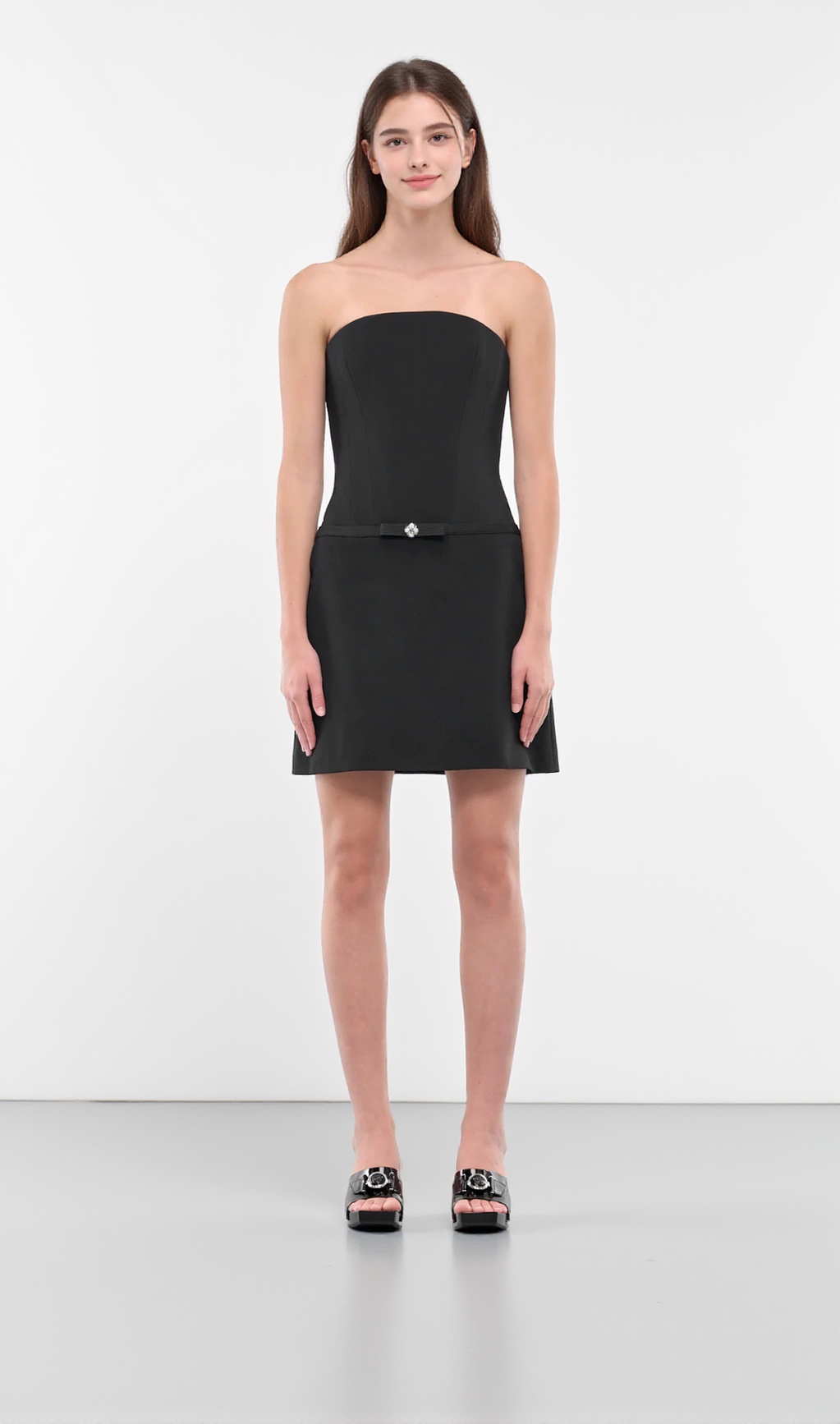 EMBELLISHED STRAPLESS CADY MINI DRESS IN BLACK