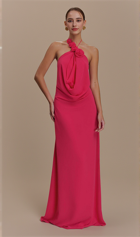 Floral halterneck high collar maxi dress Rose Pink