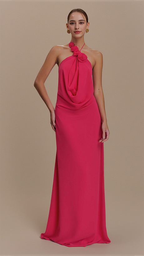 FLORAL HALTERNECK HIGH COLLAR MAXI DRESS ROSE PINK