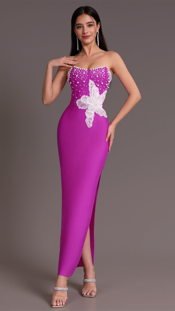 AIIZIE PURPLE BEADED STRAPLESS SIDE SLIT BANDAGE DRESS - product image
