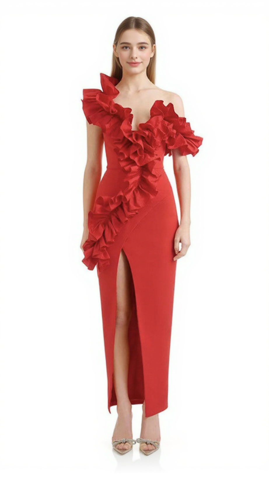 Gerüschtes V-Ausschnitt Schlitz Party Abendkleid Rot