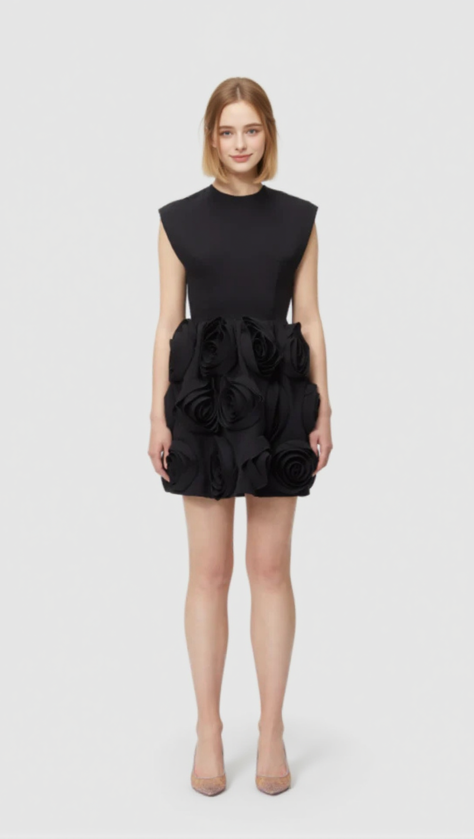 XAVIERA ROSE APPLIQUE MINI DRESS IN BLACK