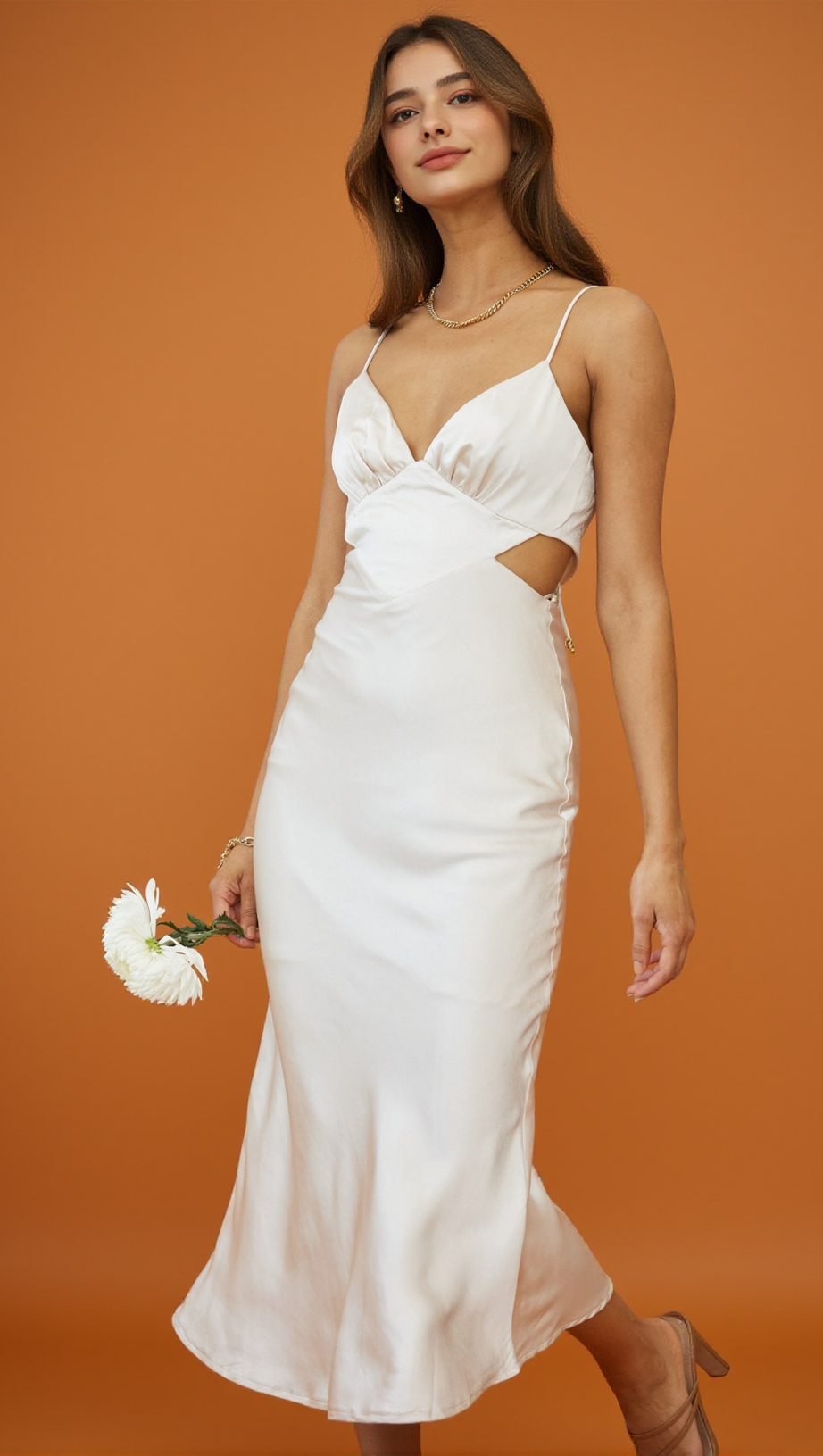 CITY LIGHTS CUT-OUT WAIST STRAPPY BACK MIDI DRESS CHAMPAGNE