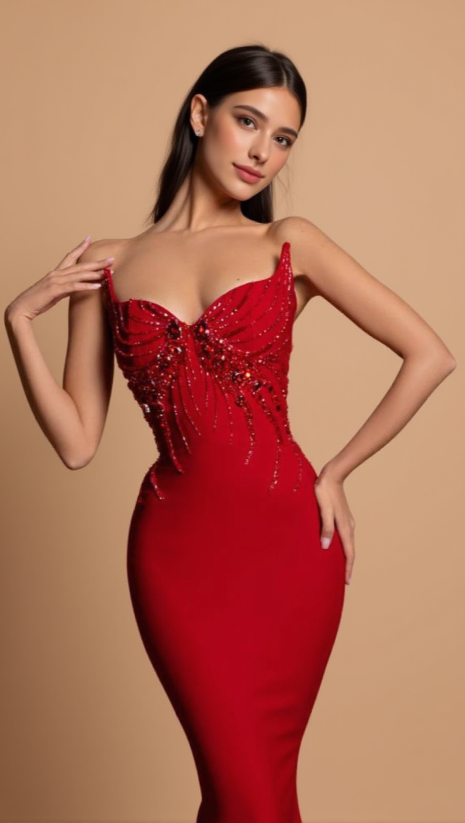 BOW EMBELLISHED STRAPLESS MAXI DRESS IN RED
