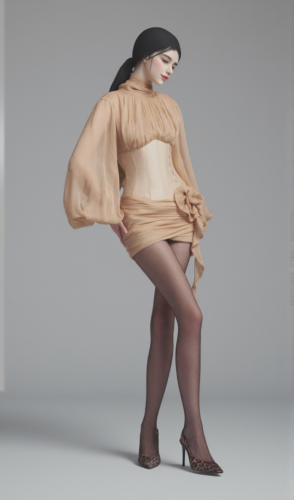 Floral Applique Corset Mini Dress in nude