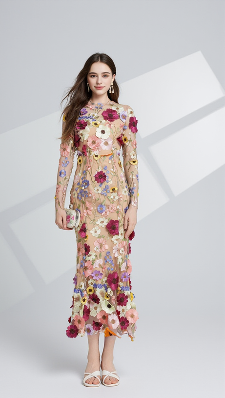 CAROL BROWN FLORAL EMBROIDERY MESH LONG SLEEVE MIDI DRESS
