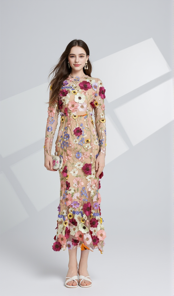 CAROL brown FLORAL EMBROIDERY MESH LONG SLEEVE MIDI DRESS
