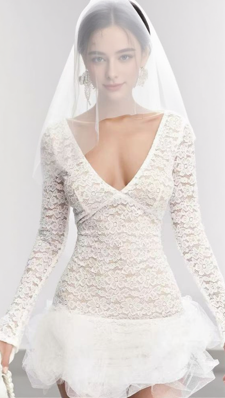 SEXY DEEP V OPEN BACK WHITE LACE MINI DRESS