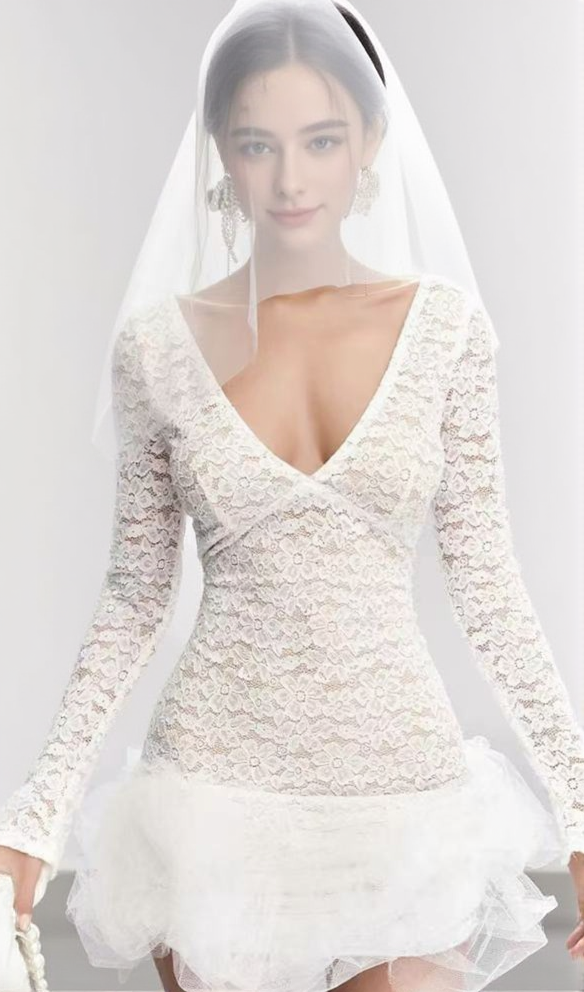 AIIZIE SEXY DEEP V OPEN BACK WHITE LACE MINI DRESS - product image