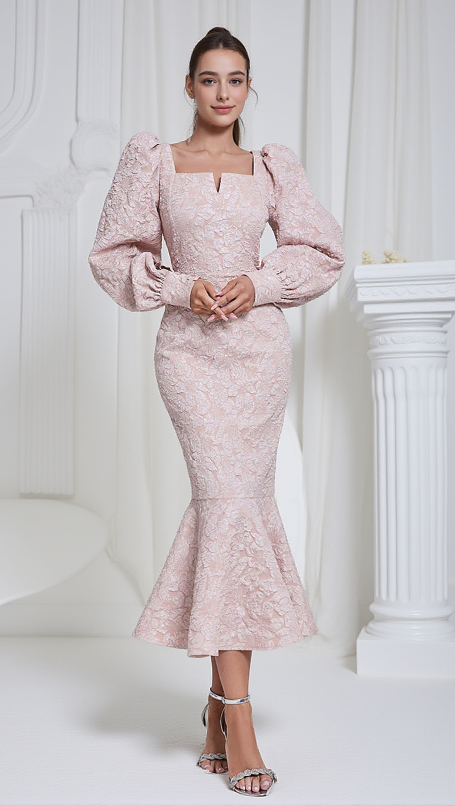 ALICE FLORAL JACQUARD PUFF SLEEVE BODYCON MAXI DRESS IN PINK