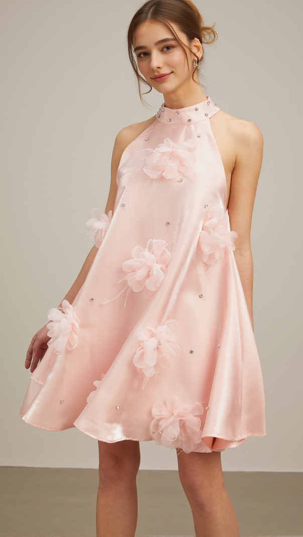 AIIZIE QUELLA PINK FLOWER SLEEVELESS A-LINE MINI DRESS - product image