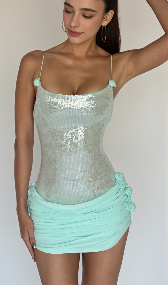 AIIZIE MOLLY SEQUIN CHIFFON MINI DRESS IN MINT - product image